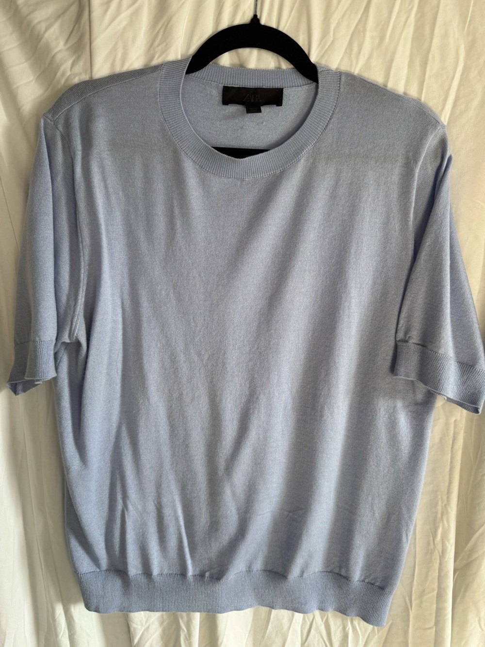 Zara Light Blue Short Sleeve Fine Knit Sweater Top Size L